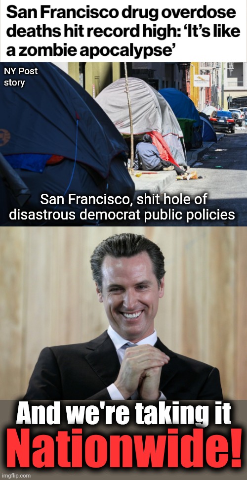 Coming to a city near you | NY Post
story; San Francisco, shit hole of disastrous democrat public policies; And we're taking it; Nationwide! | image tagged in scheming gavin newsom,memes,election 2024,democrats,california,san francisco | made w/ Imgflip meme maker