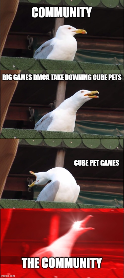 Inhaling Seagull Meme | COMMUNITY; BIG GAMES DMCA TAKE DOWNING CUBE PETS; CUBE PET GAMES; THE COMMUNITY | image tagged in memes,inhaling seagull | made w/ Imgflip meme maker
