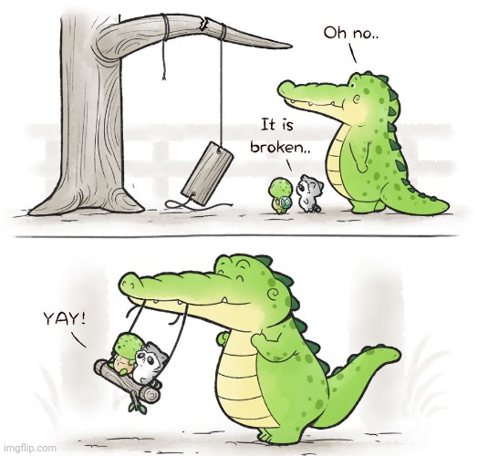 Thx alligator | image tagged in broken,swing,alligator,alligators,comics,comics/cartoons | made w/ Imgflip meme maker