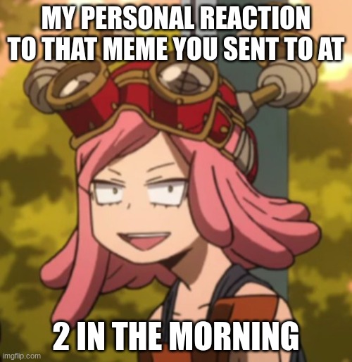im running out of ideas | MY PERSONAL REACTION TO THAT MEME YOU SENT TO AT; 2 IN THE MORNING | image tagged in mei hatsume derp,mha,memes | made w/ Imgflip meme maker
