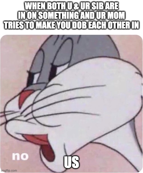 Has this happened 2 U? | WHEN BOTH U & UR SIB ARE IN ON SOMETHING AND UR MOM TRIES TO MAKE YOU DOB EACH OTHER IN; US | image tagged in bugs bunny no,furrfluf | made w/ Imgflip meme maker