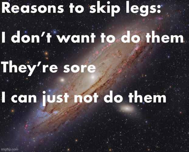 Job jhgfbviu | Reasons to skip legs:
 
I don’t want to do them
 
They’re sore
 
I can just not do them | image tagged in job jhgfbviu | made w/ Imgflip meme maker
