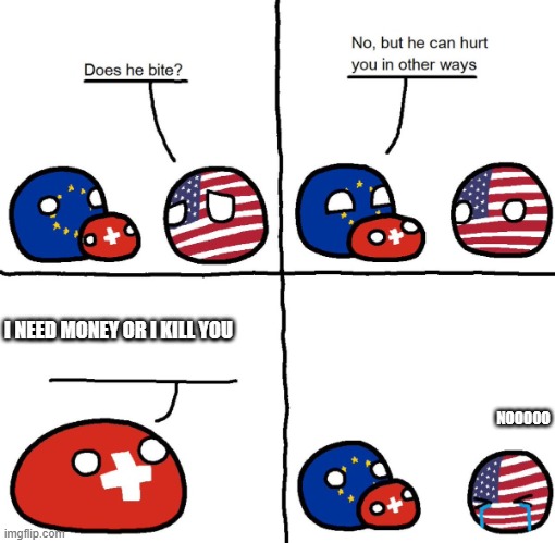 Switzerlandball hurts usa in other ways | I NEED MONEY OR I KILL YOU; NOOOOO | image tagged in switzerlandball hurts usa in other ways | made w/ Imgflip meme maker