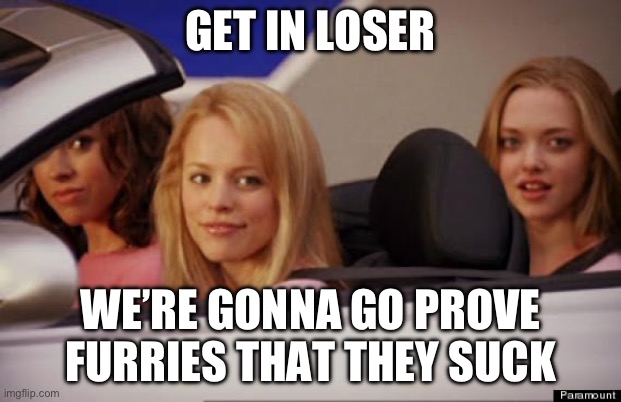 Furries, stop trying to convince us that you guys are cool. You’re not. Just accept it. | GET IN LOSER; WE’RE GONNA GO PROVE FURRIES THAT THEY SUCK | image tagged in get in loser,anti furry,memes | made w/ Imgflip meme maker