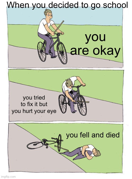 Bike Fall Meme | When you decided to go school; you are okay; you tried to fix it but you hurt your eye; you fell and died | image tagged in memes,bike fall,dead,funny | made w/ Imgflip meme maker