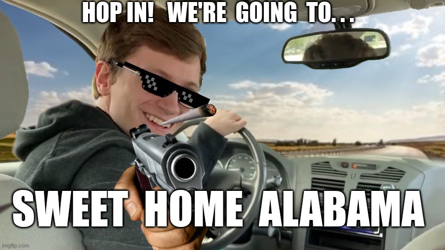 SWEET HOME ALABAMA | HOP IN!   WE'RE  GOING  TO. . . SWEET  HOME  ALABAMA | image tagged in hop in | made w/ Imgflip meme maker