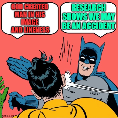 Research Shows We May Be An Accident | RESEARCH SHOWS WE MAY BE AN ACCIDENT; GOD CREATED 
MAN IN HIS 
IMAGE 
AND LIKENESS | image tagged in batman slapping robin | made w/ Imgflip meme maker