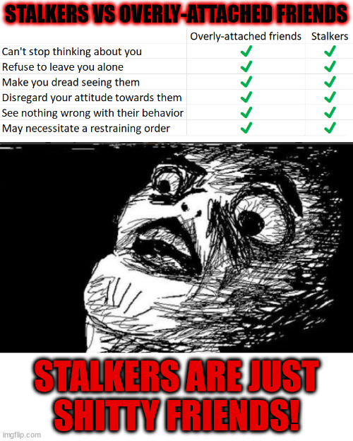 What they lack in self-awareness they make up for in obsession | STALKERS VS OVERLY-ATTACHED FRIENDS; STALKERS ARE JUST
SHITTY FRIENDS! | image tagged in memes,gasp rage face | made w/ Imgflip meme maker