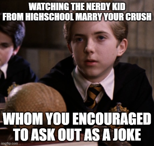 WATCHING THE NERDY KID FROM HIGHSCHOOL MARRY YOUR CRUSH; WHOM YOU ENCOURAGED TO ASK OUT AS A JOKE | image tagged in HarryPotterMemes | made w/ Imgflip meme maker