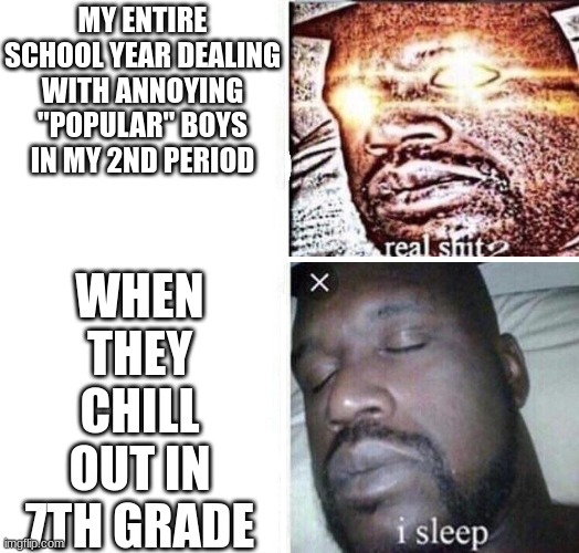 <3 | MY ENTIRE SCHOOL YEAR DEALING WITH ANNOYING "POPULAR" BOYS IN MY 2ND PERIOD; WHEN THEY CHILL OUT IN 7TH GRADE | image tagged in i sleep reverse | made w/ Imgflip meme maker
