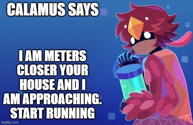 Calamus says... | CALAMUS SAYS; I AM METERS CLOSER YOUR HOUSE AND I AM APPROACHING. START RUNNING | image tagged in calamus says | made w/ Imgflip meme maker