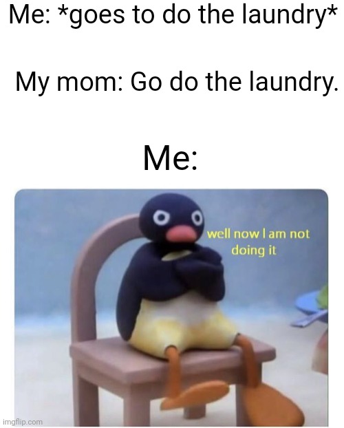 Does this happen to anyone else here but me? | Me: *goes to do the laundry*; My mom: Go do the laundry. Me: | image tagged in well now i am not doing it,relatable,memes | made w/ Imgflip meme maker