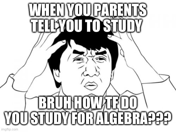 I hate studying | WHEN YOU PARENTS TELL YOU TO STUDY; BRUH HOW TF DO YOU STUDY FOR ALGEBRA??? | image tagged in memes,jackie chan wtf | made w/ Imgflip meme maker