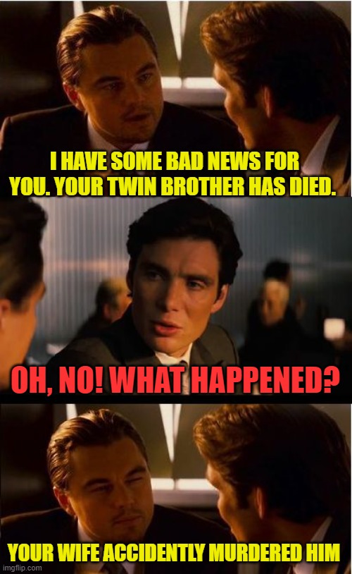 Inception | I HAVE SOME BAD NEWS FOR YOU. YOUR TWIN BROTHER HAS DIED. OH, NO! WHAT HAPPENED? YOUR WIFE ACCIDENTLY MURDERED HIM | image tagged in memes,inception | made w/ Imgflip meme maker