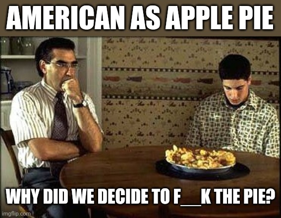 Dammit, Levenstein. You'd f anything. | AMERICAN AS APPLE PIE; WHY DID WE DECIDE TO F__K THE PIE? | image tagged in american pie | made w/ Imgflip meme maker