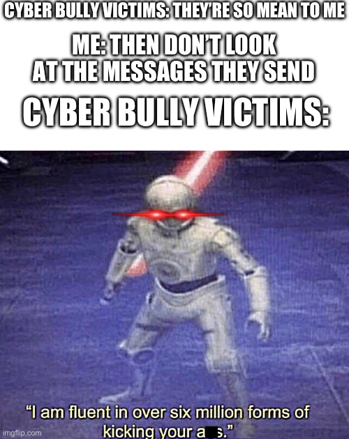 CYBER BULLY VICTIMS: THEY’RE SO MEAN TO ME; ME: THEN DON’T LOOK AT THE MESSAGES THEY SEND; CYBER BULLY VICTIMS: | image tagged in blank white template,i am fluent in over six million forms of kicking your ass | made w/ Imgflip meme maker