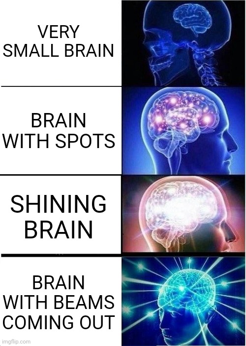 Real Template | VERY SMALL BRAIN; BRAIN WITH SPOTS; SHINING BRAIN; BRAIN WITH BEAMS COMING OUT | image tagged in memes,expanding brain | made w/ Imgflip meme maker