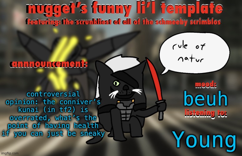 the adventures of raiden cat | controversial opinion: the conniver’s kunai (in tf2) is overrated, what’s the point of having health if you can just be sneaky; beuh; Young | image tagged in the adventures of raiden cat | made w/ Imgflip meme maker