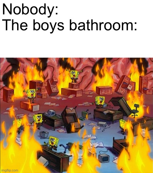 It’s the most chaotic place on earth | Nobody:
The boys bathroom: | image tagged in spongebob fire | made w/ Imgflip meme maker