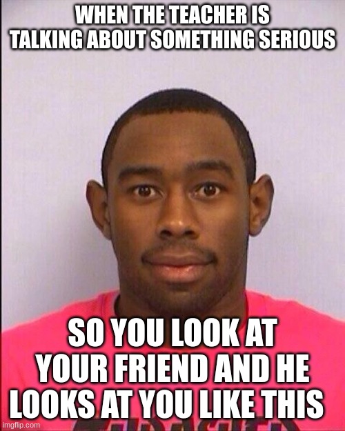 relatable moment in school | WHEN THE TEACHER IS TALKING ABOUT SOMETHING SERIOUS; SO YOU LOOK AT YOUR FRIEND AND HE LOOKS AT YOU LIKE THIS | image tagged in tyler the creator,school | made w/ Imgflip meme maker