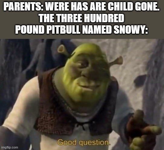 Shrek good question | PARENTS: WERE HAS ARE CHILD GONE.
THE THREE HUNDRED POUND PITBULL NAMED SNOWY: | image tagged in shrek good question | made w/ Imgflip meme maker
