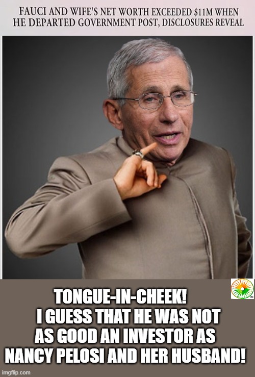 politics | TONGUE-IN-CHEEK!      I GUESS THAT HE WAS NOT AS GOOD AN INVESTOR AS NANCY PELOSI AND HER HUSBAND! | image tagged in politics | made w/ Imgflip meme maker