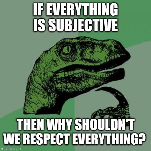 Be respectful is good :) | IF EVERYTHING IS SUBJECTIVE; THEN WHY SHOULDN'T WE RESPECT EVERYTHING? | image tagged in memes,philosoraptor | made w/ Imgflip meme maker