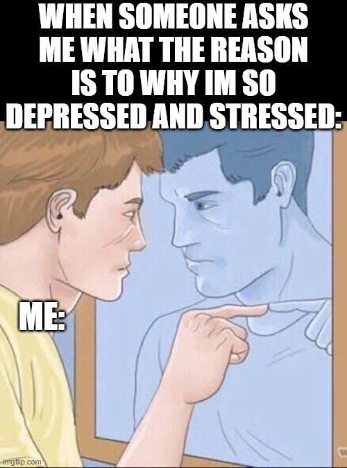 That guy right there! | WHEN SOMEONE ASKS ME WHAT THE REASON IS TO WHY IM SO DEPRESSED AND STRESSED:; ME: | image tagged in pointing mirror guy,depression,me,funny,memes,dank memes | made w/ Imgflip meme maker