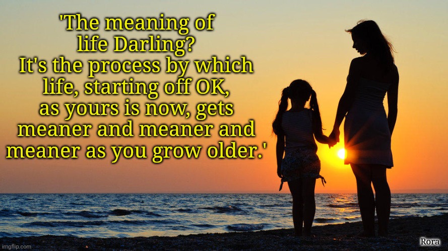 'The meaning of life Darling?
It's the process by which life, starting off OK, as yours is now, gets meaner and meaner and meaner as you grow older.'; Rora | image tagged in life | made w/ Imgflip meme maker