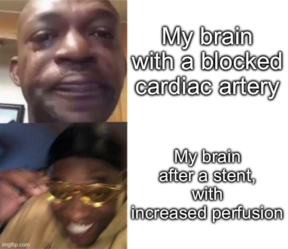 Brain fog lifts | My brain with a blocked cardiac artery; My brain after a stent, with increased perfusion | image tagged in black guy crying and black guy laughing,brain,fog | made w/ Imgflip meme maker