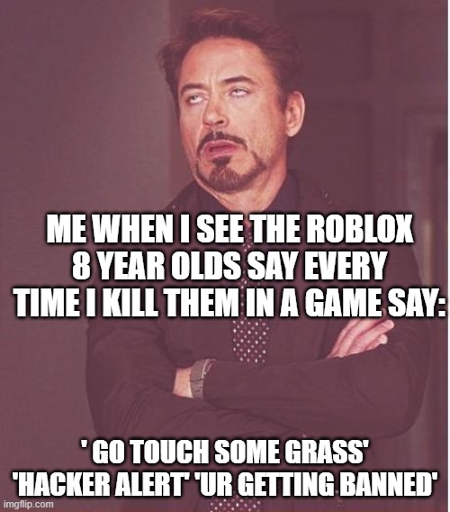 who else got that annoying headache | ME WHEN I SEE THE ROBLOX 8 YEAR OLDS SAY EVERY TIME I KILL THEM IN A GAME SAY:; ' GO TOUCH SOME GRASS' 'HACKER ALERT' 'UR GETTING BANNED' | image tagged in memes,face you make robert downey jr | made w/ Imgflip meme maker