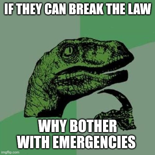 IF THEY CAN BREAK THE LAW WHY BOTHER WITH EMERGENCIES | image tagged in raptor | made w/ Imgflip meme maker