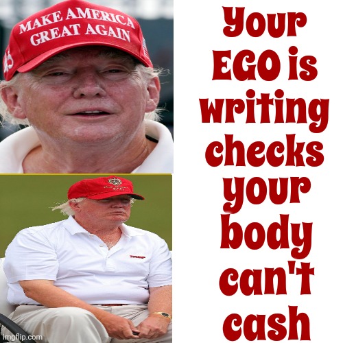 Trump's Gargantuan Ego Admits To Committing Two More Crimes During Interview | Your EGO is writing checks; your body can't cash | image tagged in memes,drake hotline bling,will you shut up man,lock him up,scumbag trump,trump is guilty | made w/ Imgflip meme maker