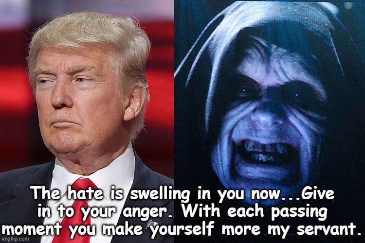 The hate is swelling in you now....Give in to your anger. With each passing moment you make yourself more my servant. | The hate is swelling in you now...Give in to your anger. With each passing moment you make yourself more my servant. | image tagged in hate,hatred,trump,republican,terrorism,extremism | made w/ Imgflip meme maker