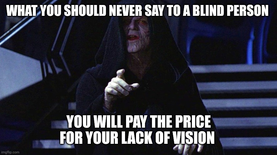 you will pay the price for your lack of vision | WHAT YOU SHOULD NEVER SAY TO A BLIND PERSON; YOU WILL PAY THE PRICE FOR YOUR LACK OF VISION | image tagged in you will pay the price for your lack of vision | made w/ Imgflip meme maker