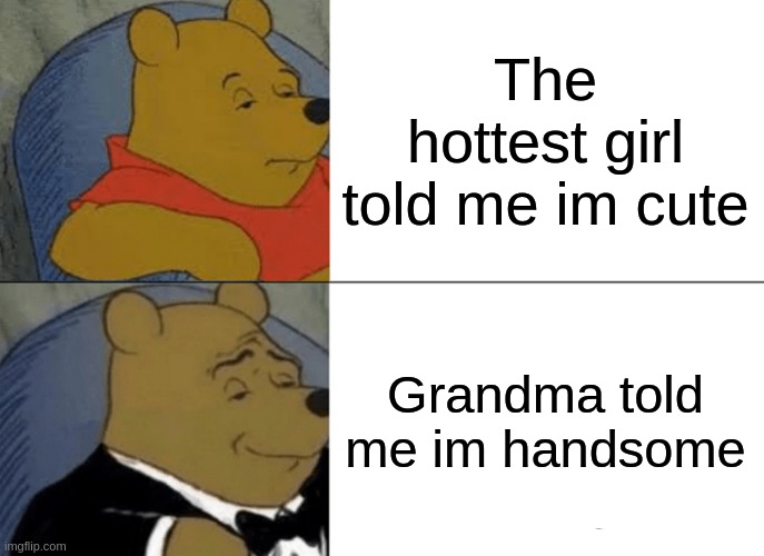 Tuxedo Winnie The Pooh | The hottest girl told me im cute; Grandma told me im handsome | image tagged in memes,tuxedo winnie the pooh | made w/ Imgflip meme maker