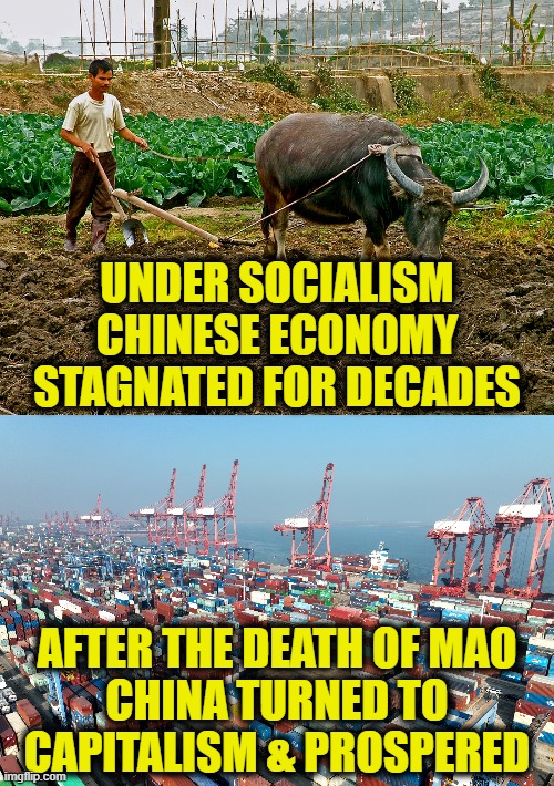 History of China proves socialism doesn’t work | UNDER SOCIALISM
CHINESE ECONOMY
STAGNATED FOR DECADES; AFTER THE DEATH OF MAO
CHINA TURNED TO
CAPITALISM & PROSPERED | image tagged in china | made w/ Imgflip meme maker