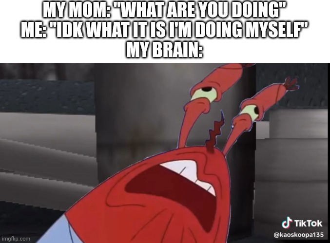 plz make it stop | MY MOM: "WHAT ARE YOU DOING"
ME: "IDK WHAT IT IS I'M DOING MYSELF"
MY BRAIN: | image tagged in make it stop,mr krabs | made w/ Imgflip meme maker