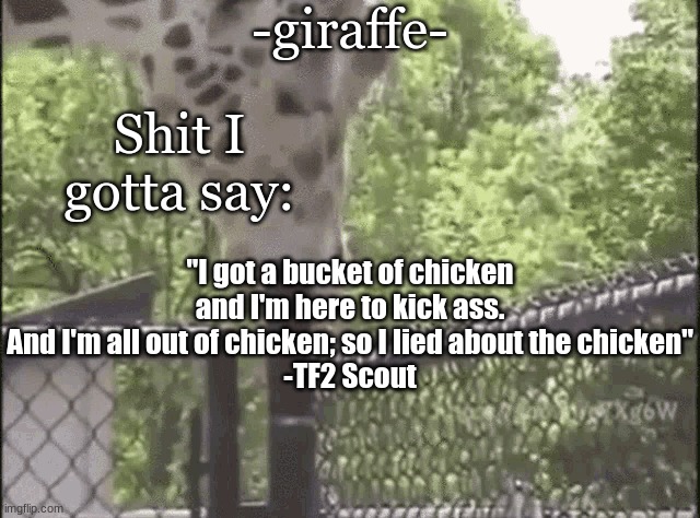 -giraffe- | "I got a bucket of chicken and I'm here to kick ass. And I'm all out of chicken; so I lied about the chicken"
-TF2 Scout | image tagged in -giraffe- | made w/ Imgflip meme maker