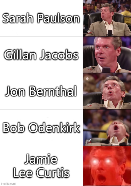 Vince McMahon 5 tier | Sarah Paulson; Gillan Jacobs; Jon Bernthal; Bob Odenkirk; Jamie Lee Curtis | image tagged in vince mcmahon 5 tier | made w/ Imgflip meme maker