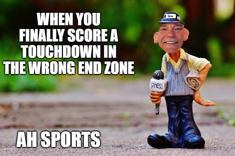 lew's new's | WHEN YOU FINALLY SCORE A TOUCHDOWN IN THE WRONG END ZONE; AH SPORTS | image tagged in lew's new's | made w/ Imgflip meme maker