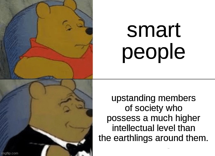 def me | smart people; upstanding members of society who possess a much higher intellectual level than the earthlings around them. | image tagged in memes,tuxedo winnie the pooh,smart,infinite iq,meme,funny | made w/ Imgflip meme maker