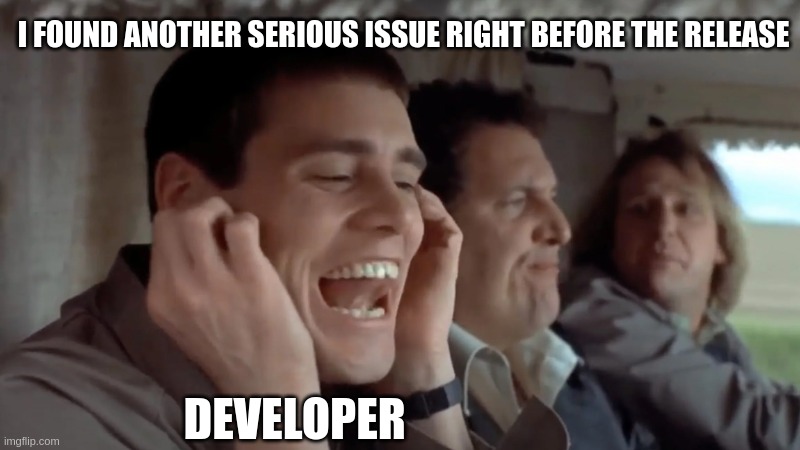 I found another serious issue right before the release | I FOUND ANOTHER SERIOUS ISSUE RIGHT BEFORE THE RELEASE; DEVELOPER | image tagged in qa,developer,dev,tester,test | made w/ Imgflip meme maker