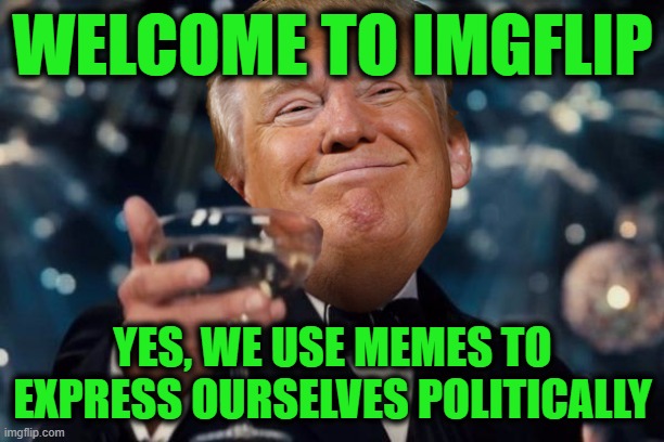 Trump Toast | WELCOME TO IMGFLIP YES, WE USE MEMES TO EXPRESS OURSELVES POLITICALLY | image tagged in trump toast | made w/ Imgflip meme maker