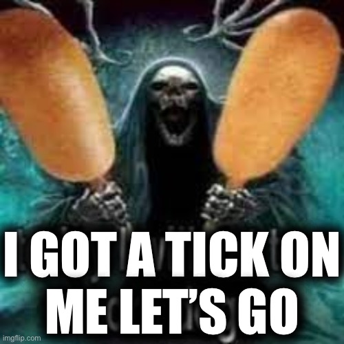 TODAY... I WILL EAT TWO CORN DOGS!!! | I GOT A TICK ON
ME LET’S GO | image tagged in today i will eat two corn dogs | made w/ Imgflip meme maker