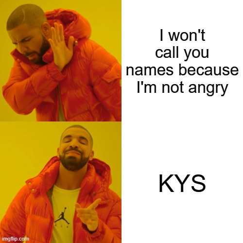 No no no bro | I won't call you names because I'm not angry; KYS | image tagged in memes,drake hotline bling | made w/ Imgflip meme maker