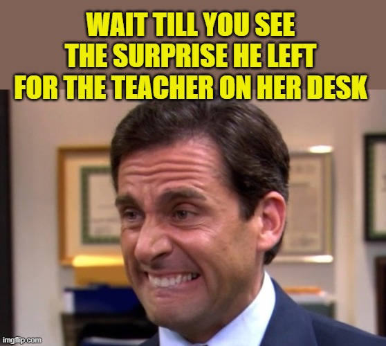 Cringe | WAIT TILL YOU SEE THE SURPRISE HE LEFT FOR THE TEACHER ON HER DESK | image tagged in cringe | made w/ Imgflip meme maker