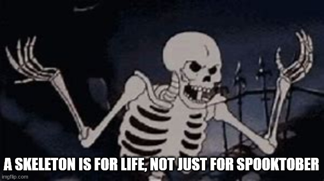 not just for spooktober | A SKELETON IS FOR LIFE, NOT JUST FOR SPOOKTOBER | image tagged in annoyed skeleton,spooktober,life | made w/ Imgflip meme maker