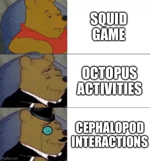 Fancy pooh | SQUID GAME; OCTOPUS ACTIVITIES; CEPHALOPOD INTERACTIONS | image tagged in fancy pooh | made w/ Imgflip meme maker
