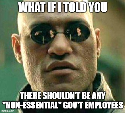 What if i told you | WHAT IF I TOLD YOU THERE SHOULDN'T BE ANY "NON-ESSENTIAL" GOV'T EMPLOYEES | image tagged in what if i told you | made w/ Imgflip meme maker